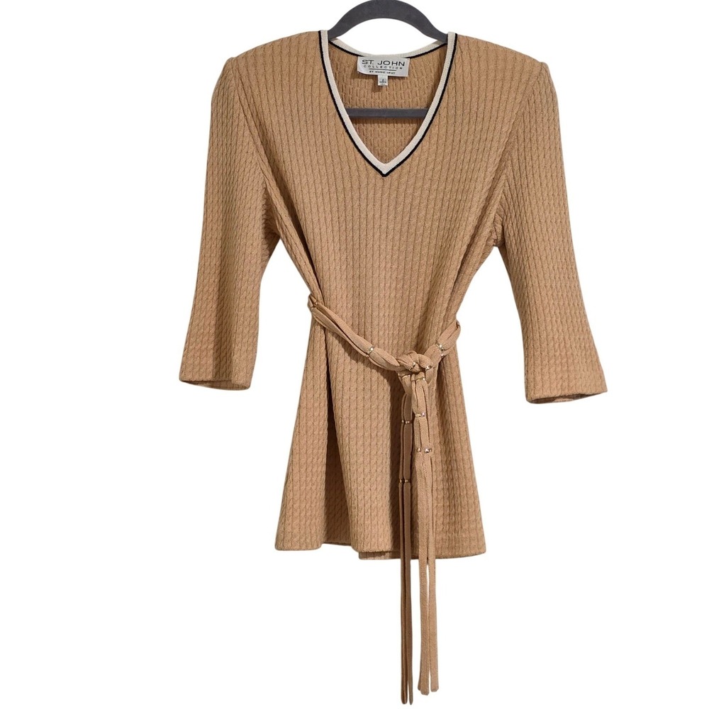 St. John Collection Tunic Sweater Women 2 V Neck Belt Santana Knit Top USA Read - Picture 3 of 7